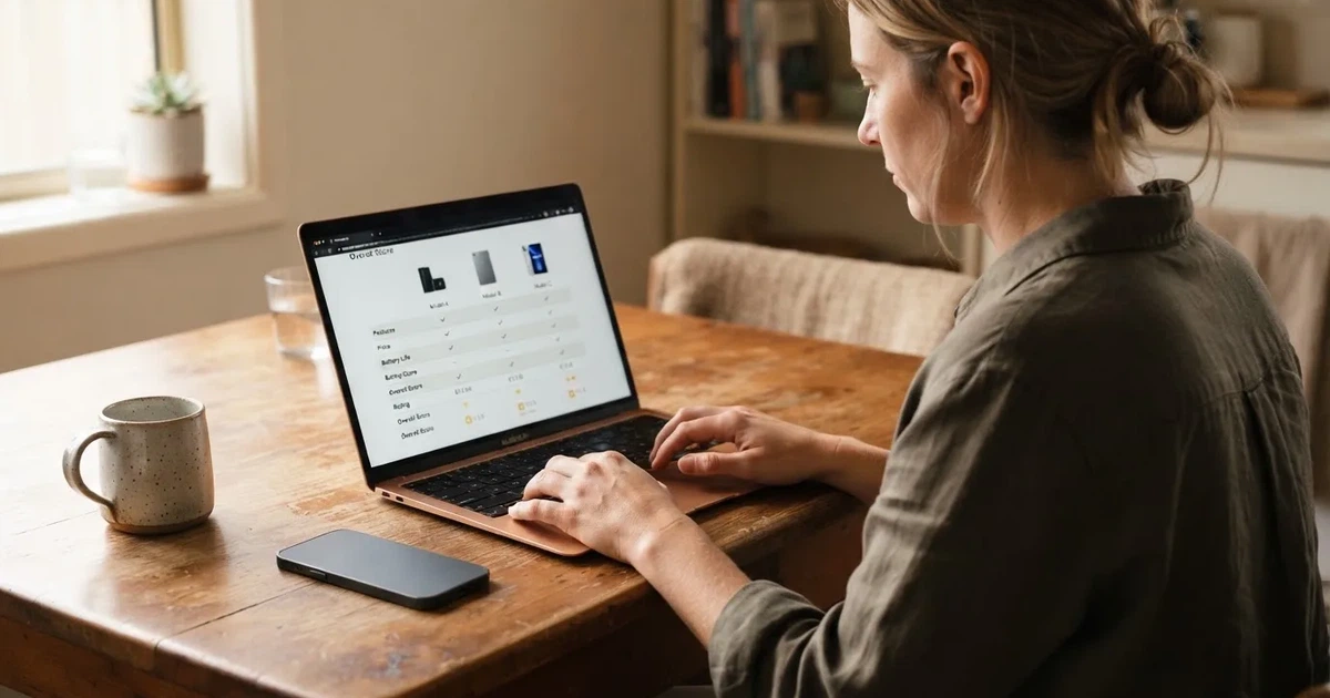A person at a kitchen table scrolling through review pages on a laptop, phone face-down beside them.