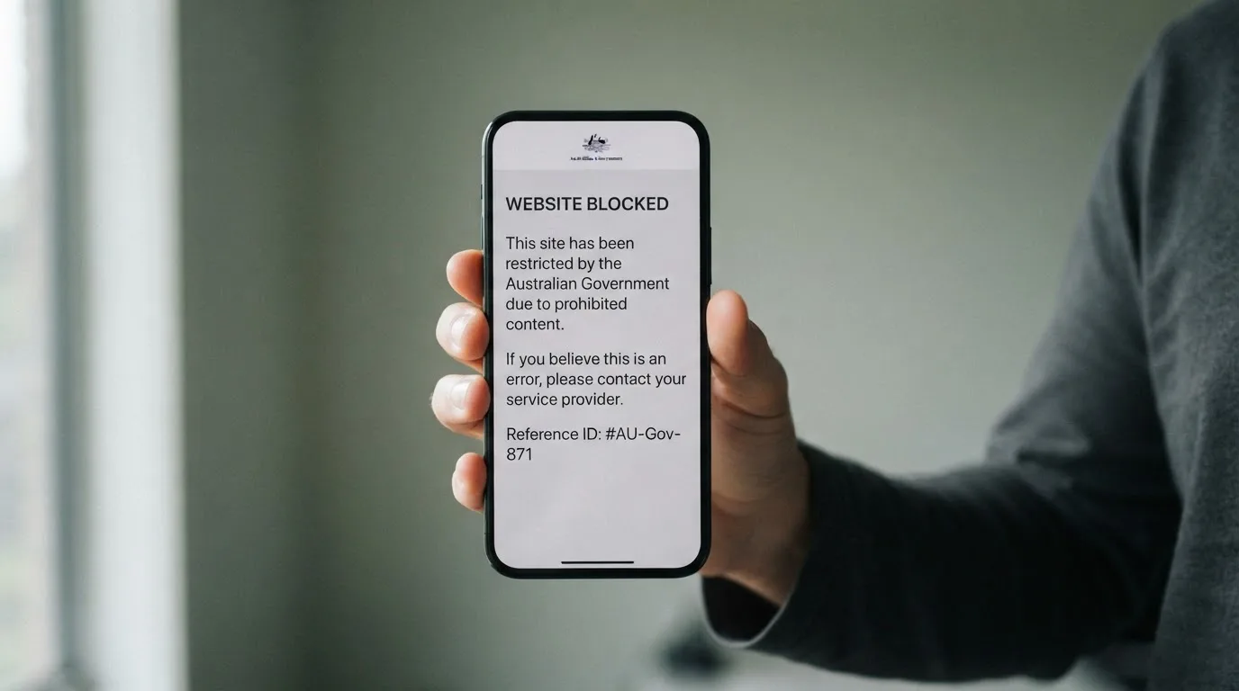 A smartphone screen showing a plain government warning notice about a blocked website, held against a blurred background.