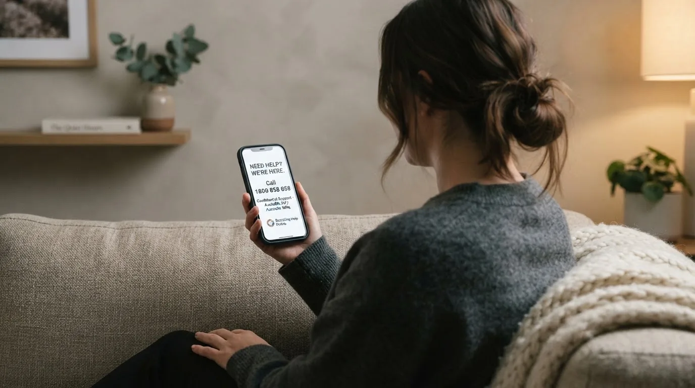 A person sitting calmly with a phone open to a support helpline page, no gaming screen visible.