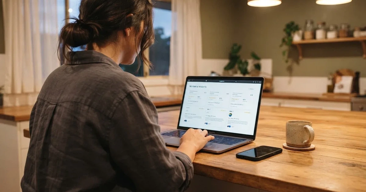 A person at a kitchen table scrolling through review pages on a laptop, phone face-down beside them.