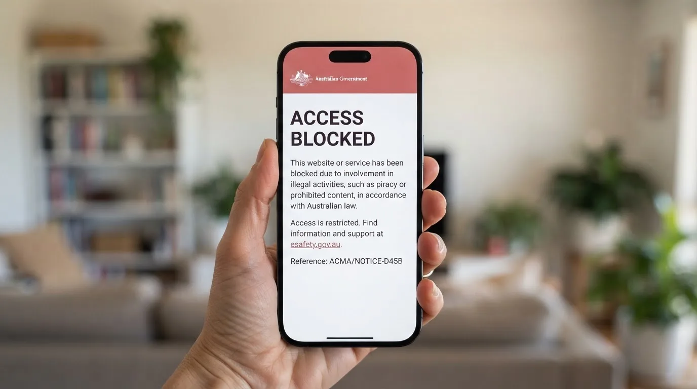 A smartphone screen showing a plain government warning notice about a blocked website, held against a blurred background.