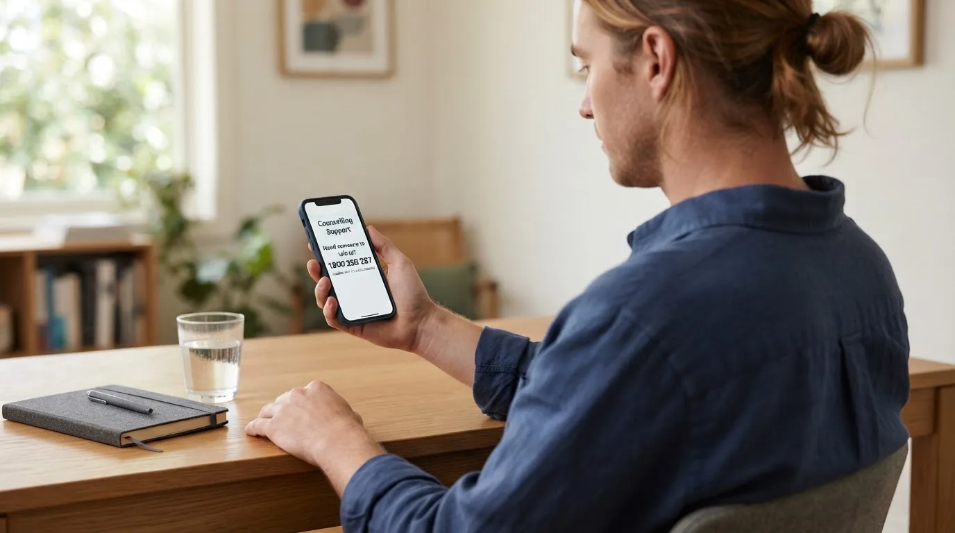A person sitting calmly with a phone open to a support helpline page, no gaming screen visible.