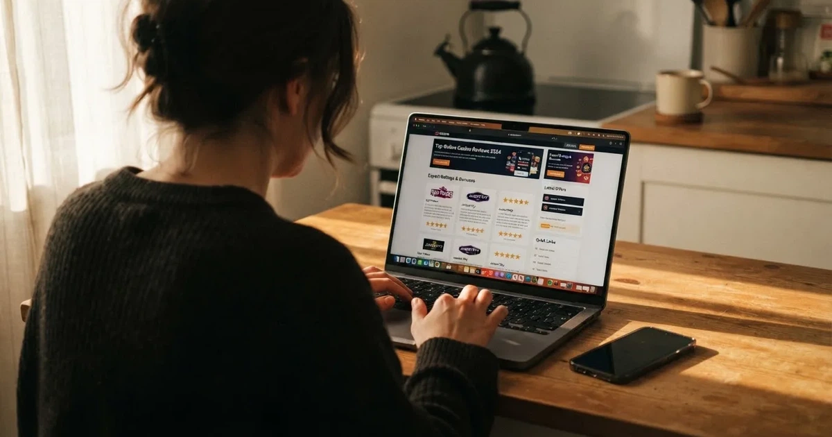 A person at a kitchen table scrolling through review pages on a laptop, phone face-down beside them.