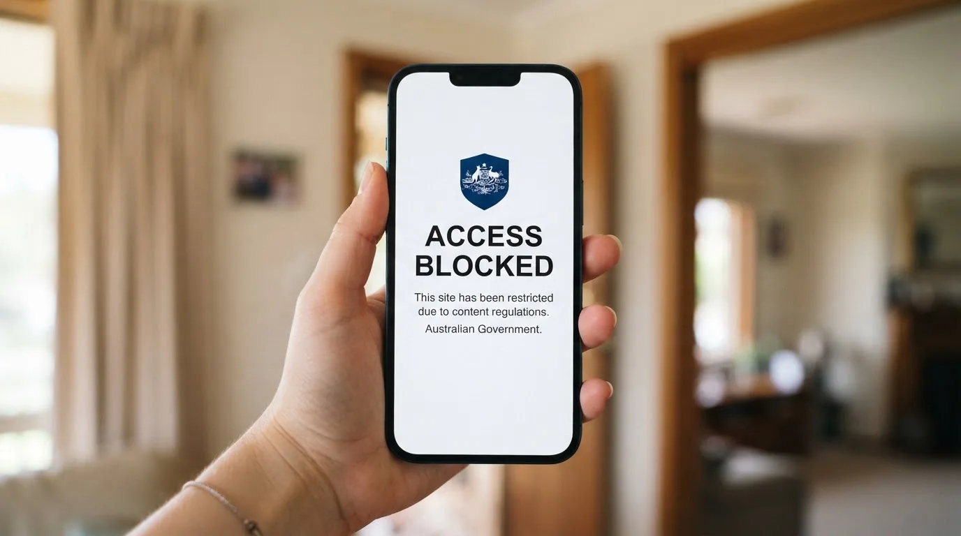 A smartphone screen showing a plain government warning notice about a blocked website, held against a blurred background.