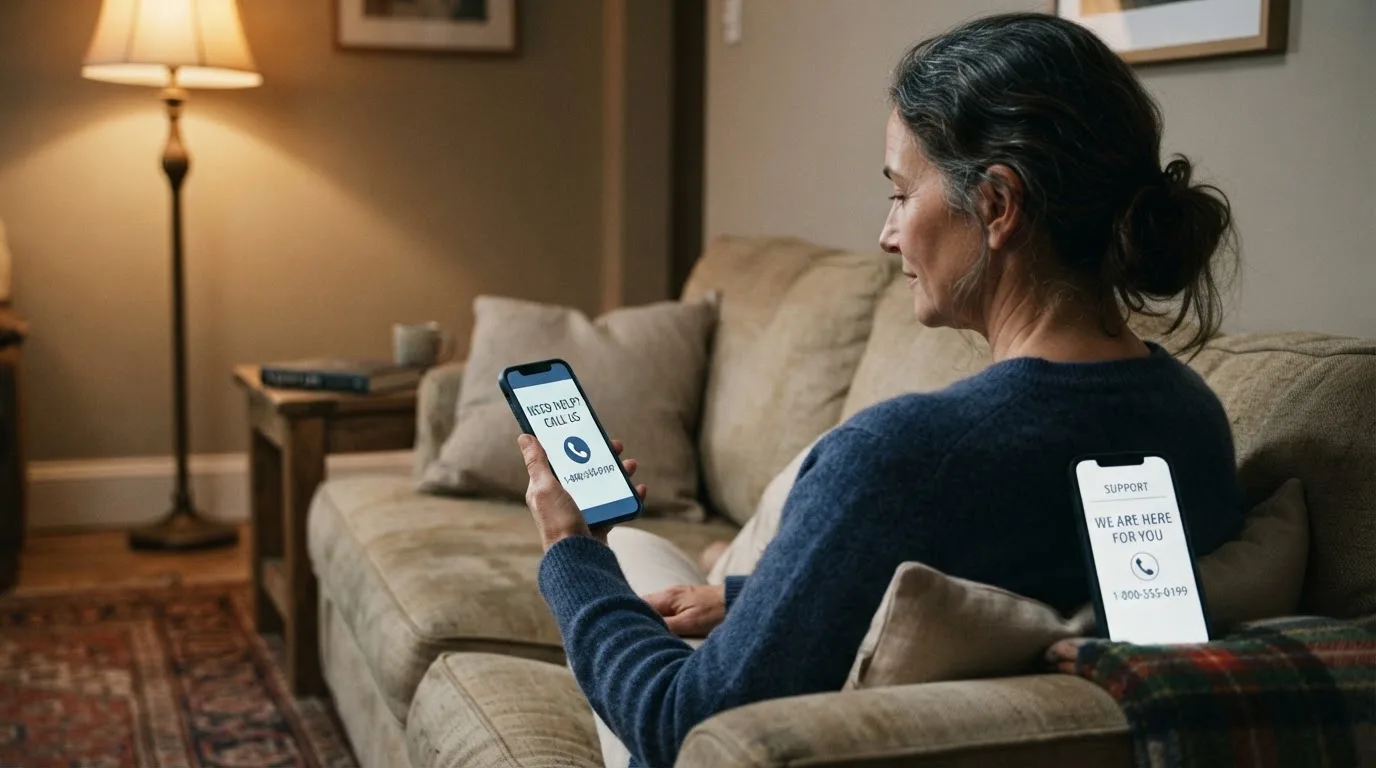 A person sitting calmly with a phone open to a support helpline page, no gaming screen visible.