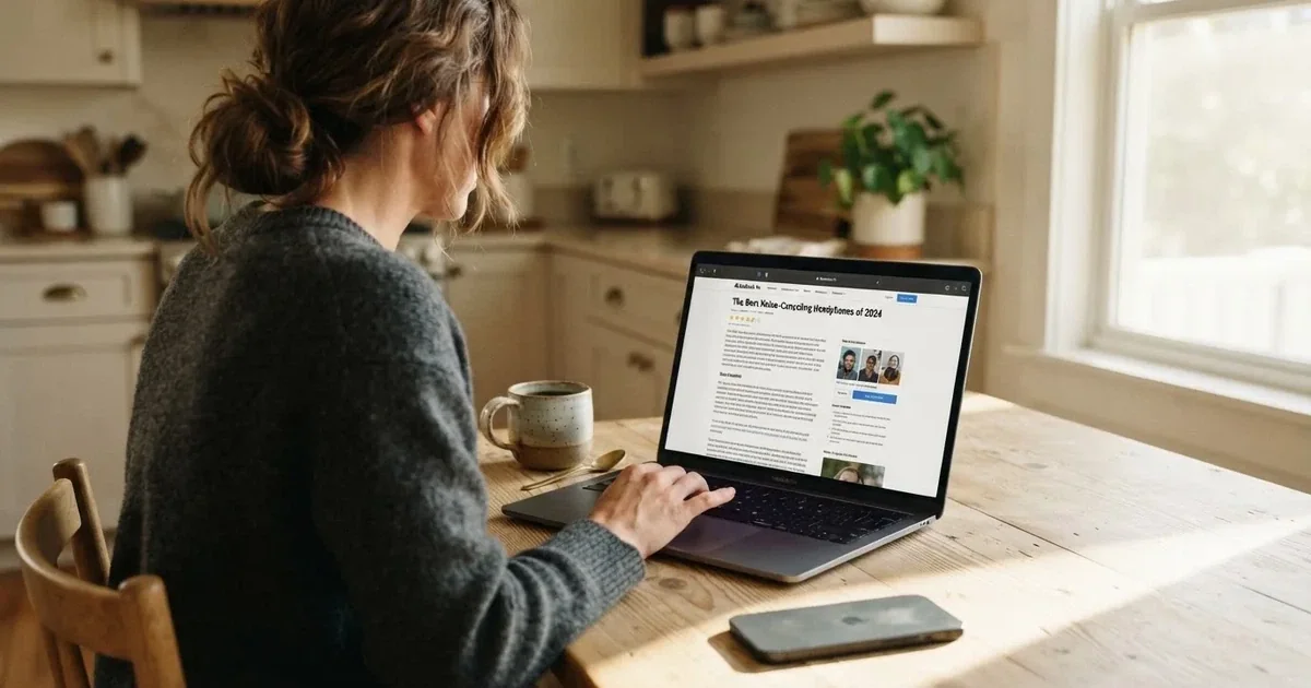 A person at a kitchen table scrolling through review pages on a laptop, phone face-down beside them.