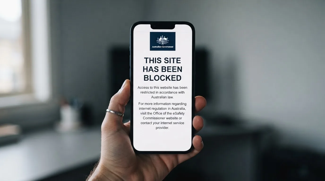 A smartphone screen showing a plain government warning notice about a blocked website, held against a blurred background.