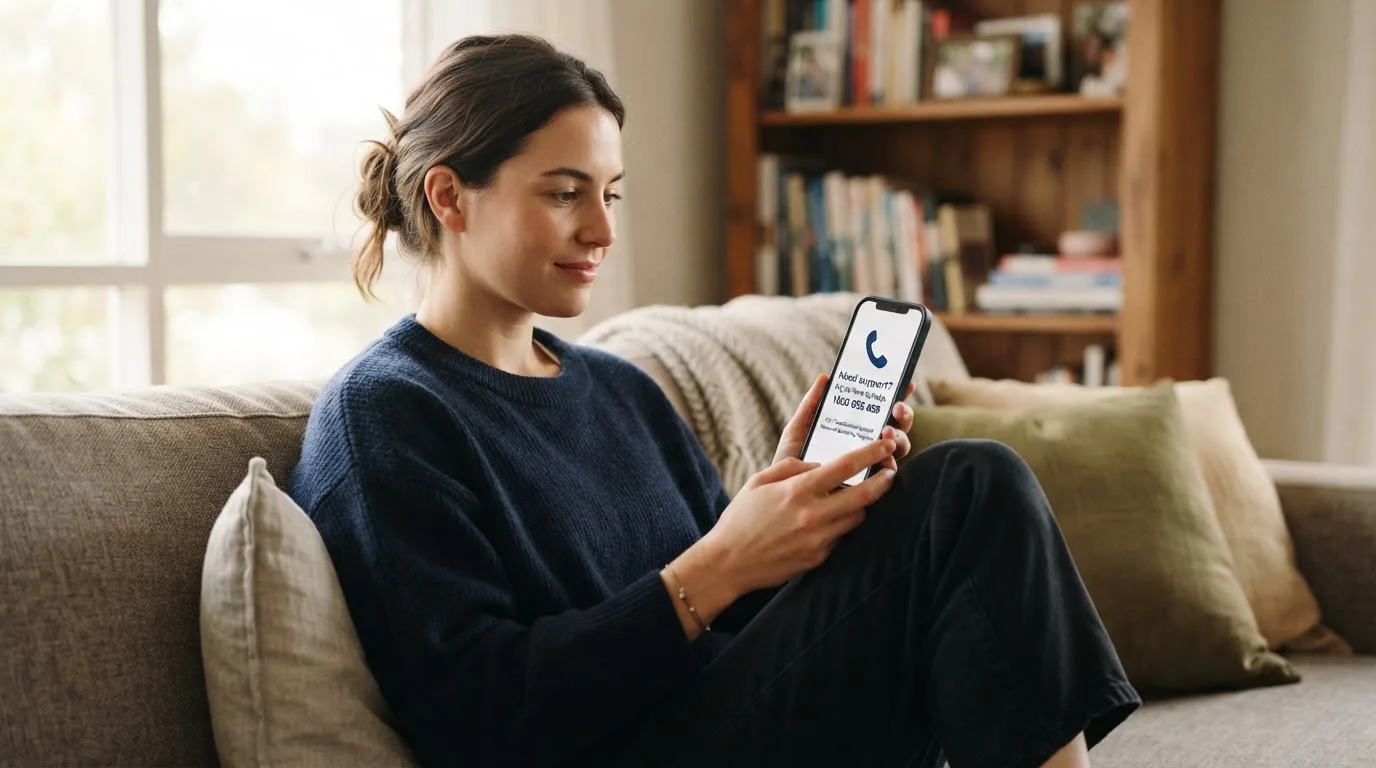 A person sitting calmly with a phone open to a support helpline page, no gaming screen visible.