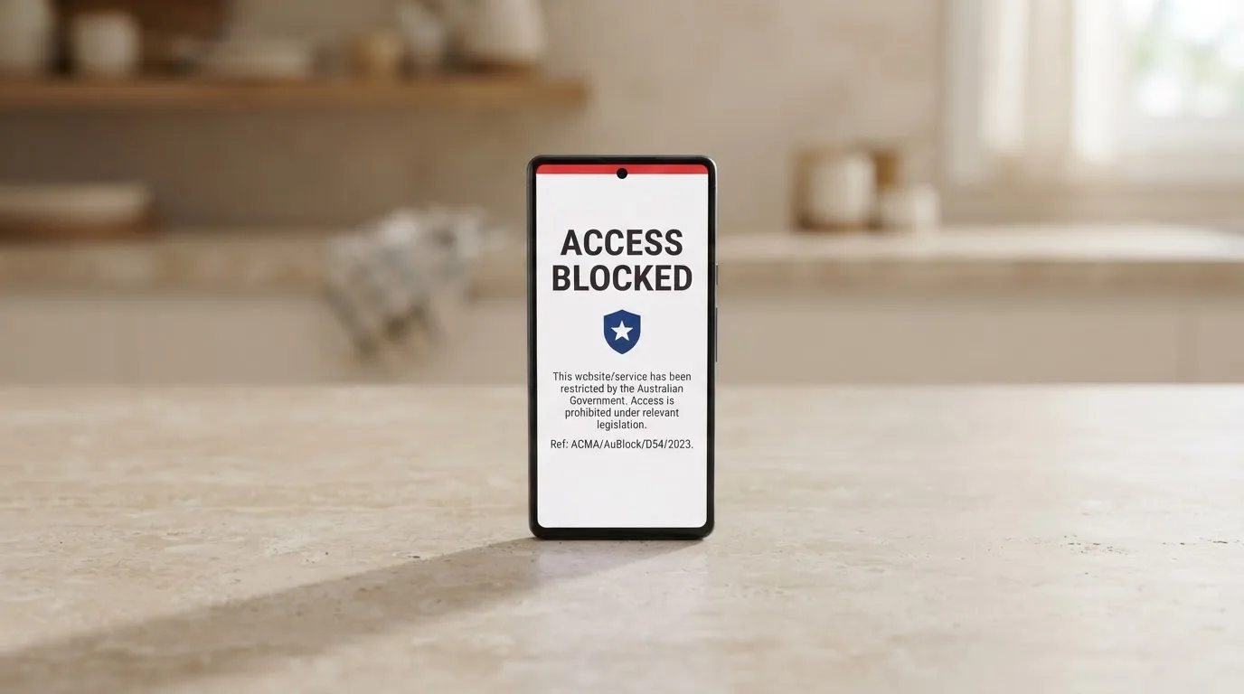 A smartphone screen showing a plain government warning notice about a blocked website, held against a blurred background.