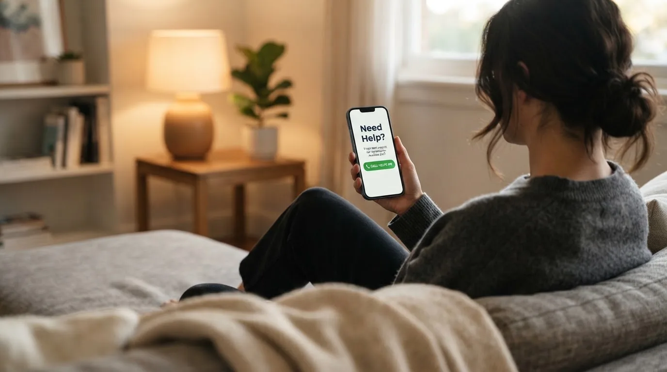 A person sitting calmly with a phone open to a support helpline page, no gaming screen visible.