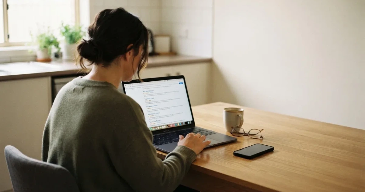 A person at a kitchen table scrolling through review pages on a laptop, phone face-down beside them.