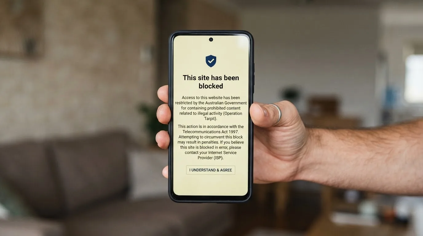 A smartphone screen showing a plain government warning notice about a blocked website, held against a blurred background.