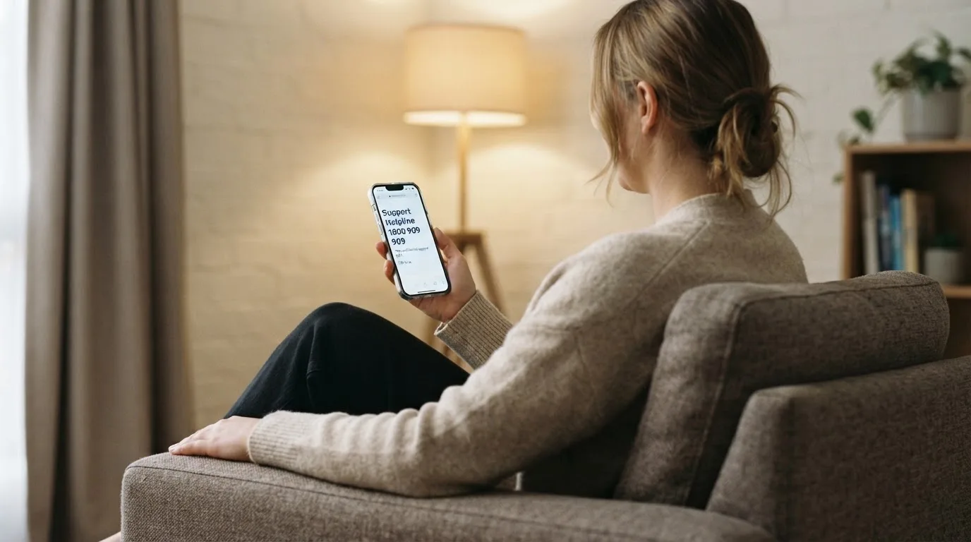 A person sitting calmly with a phone open to a support helpline page, no gaming screen visible.