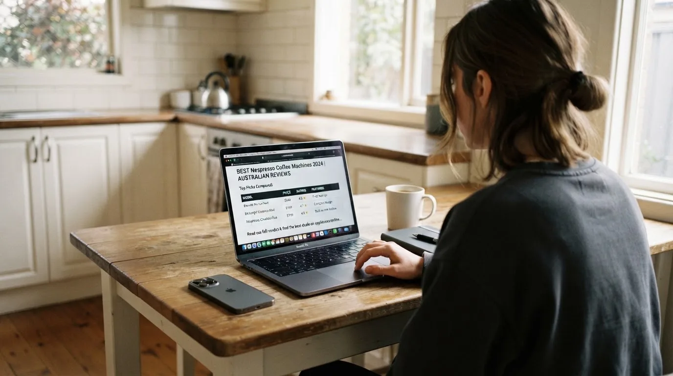 A person at a kitchen table scrolling through review pages on a laptop, phone face-down beside them.