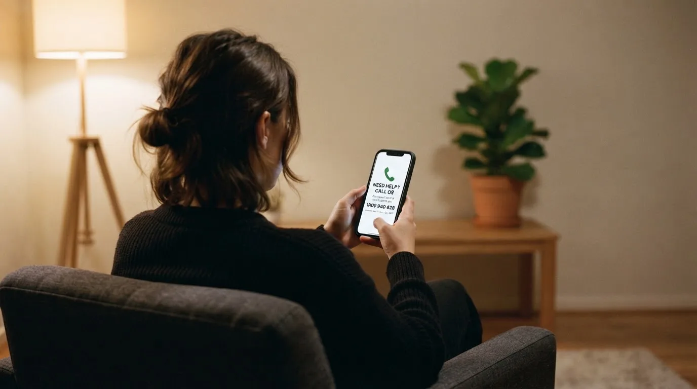 A person sitting calmly with a phone open to a support helpline page, no gaming screen visible.