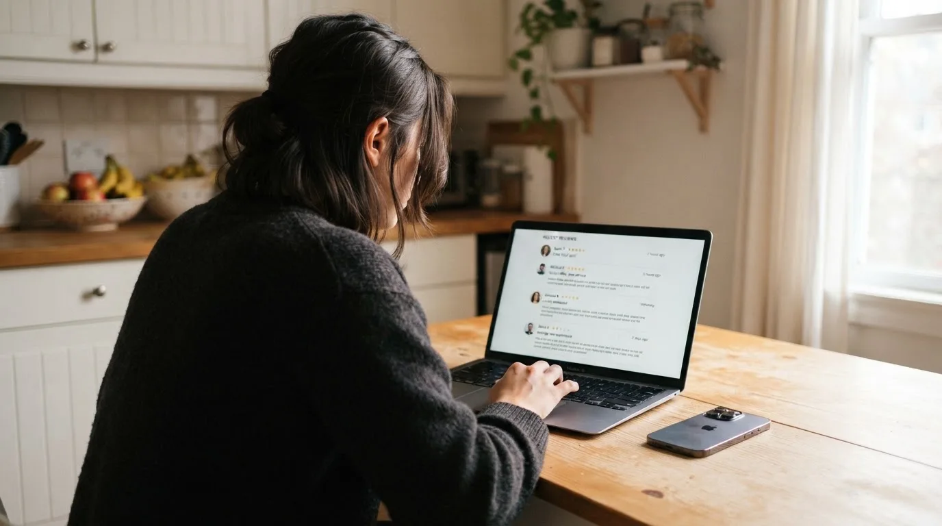A person at a kitchen table scrolling through review pages on a laptop, phone face-down beside them.