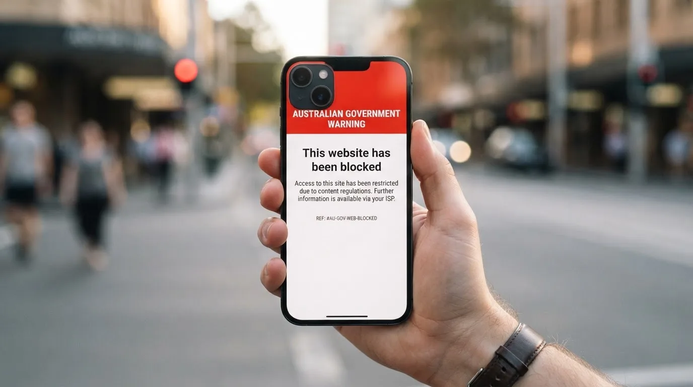 A smartphone screen showing a plain government warning notice about a blocked website, held against a blurred background.