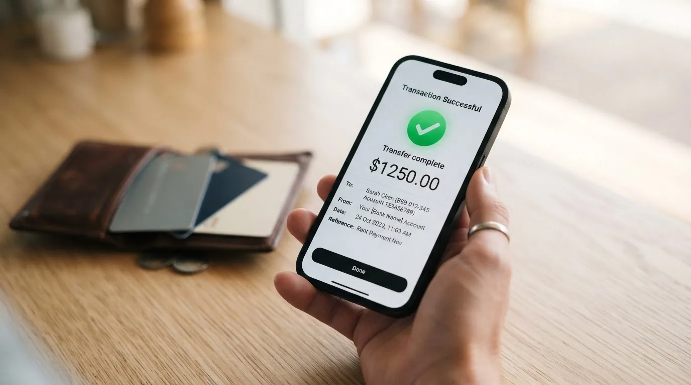 A phone screen showing a bank transfer confirmation, held next to a wallet on a table.