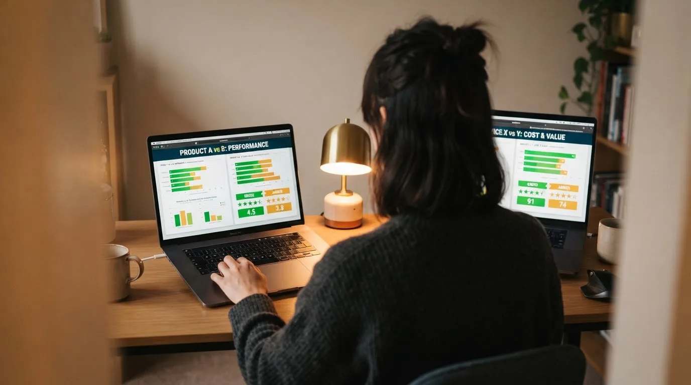 Two laptop screens side by side on a desk, each showing a different comparison table.