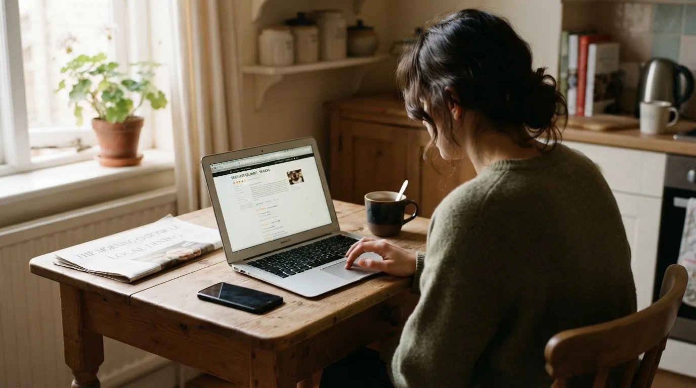 A person at a kitchen table scrolling through review pages on a laptop, phone face-down beside them.