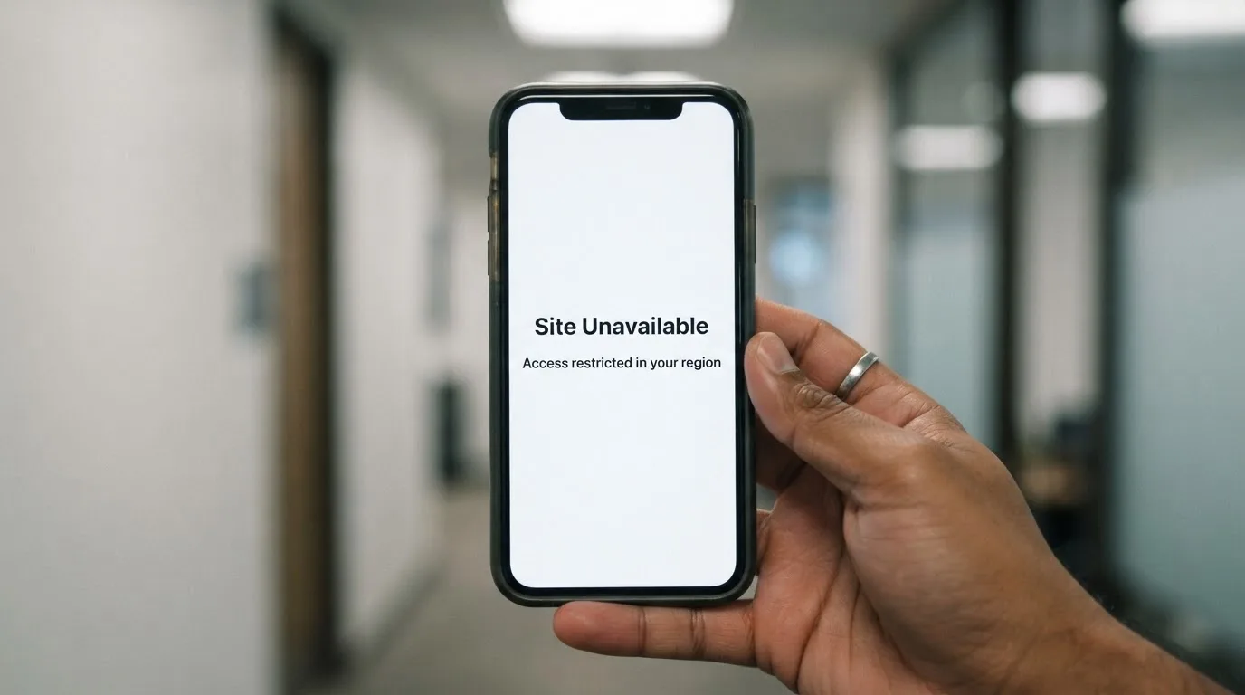 A smartphone screen showing a plain government warning notice about a blocked website, held against a blurred background.