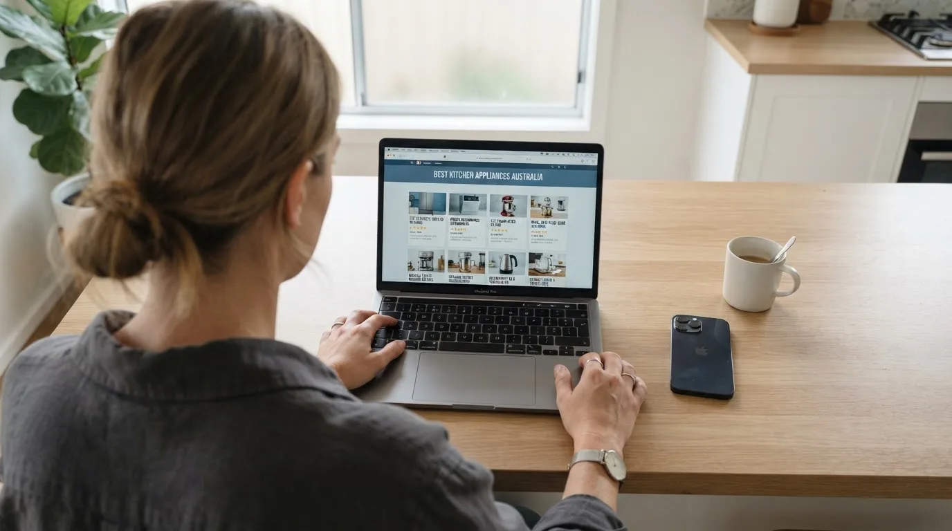 A person at a kitchen table scrolling through review pages on a laptop, phone face-down beside them.