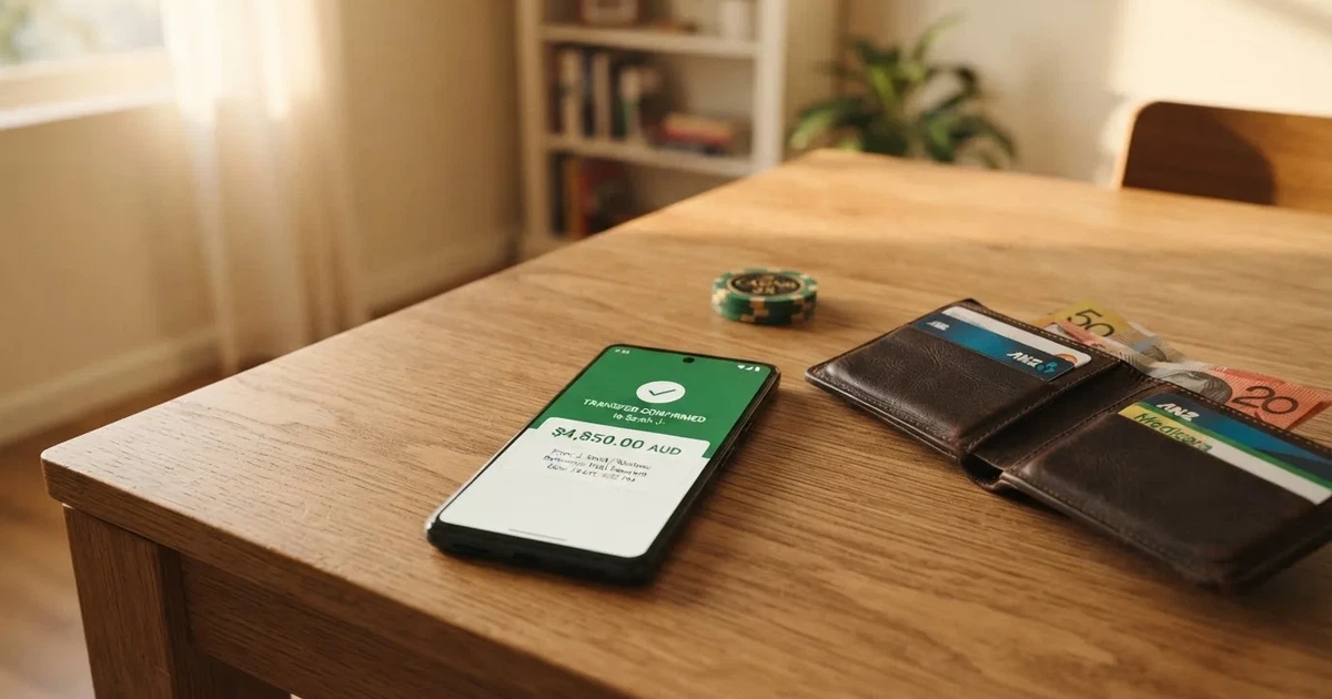A phone screen showing a bank transfer confirmation, held next to a wallet on a table.