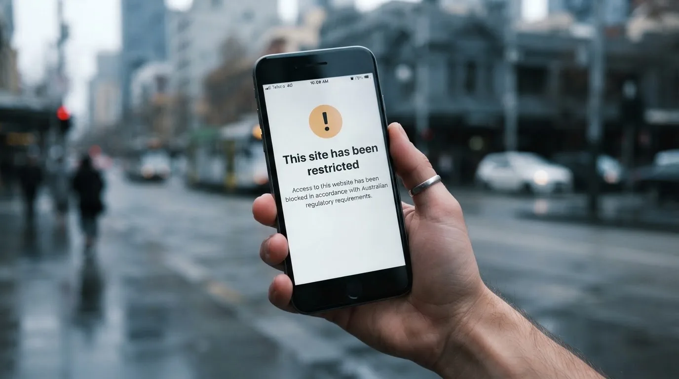 A smartphone screen showing a plain government warning notice about a blocked website, held against a blurred background.
