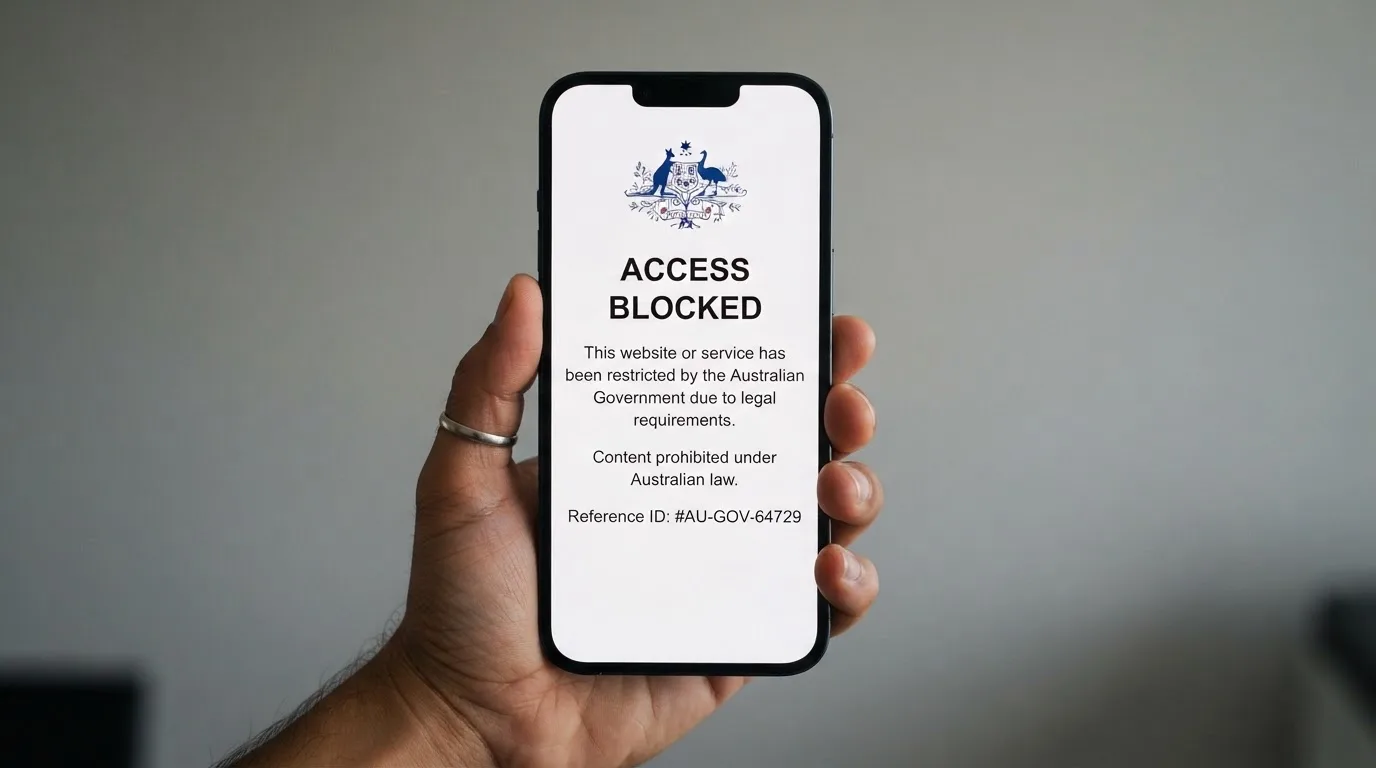 A smartphone screen showing a plain government warning notice about a blocked website, held against a blurred background.