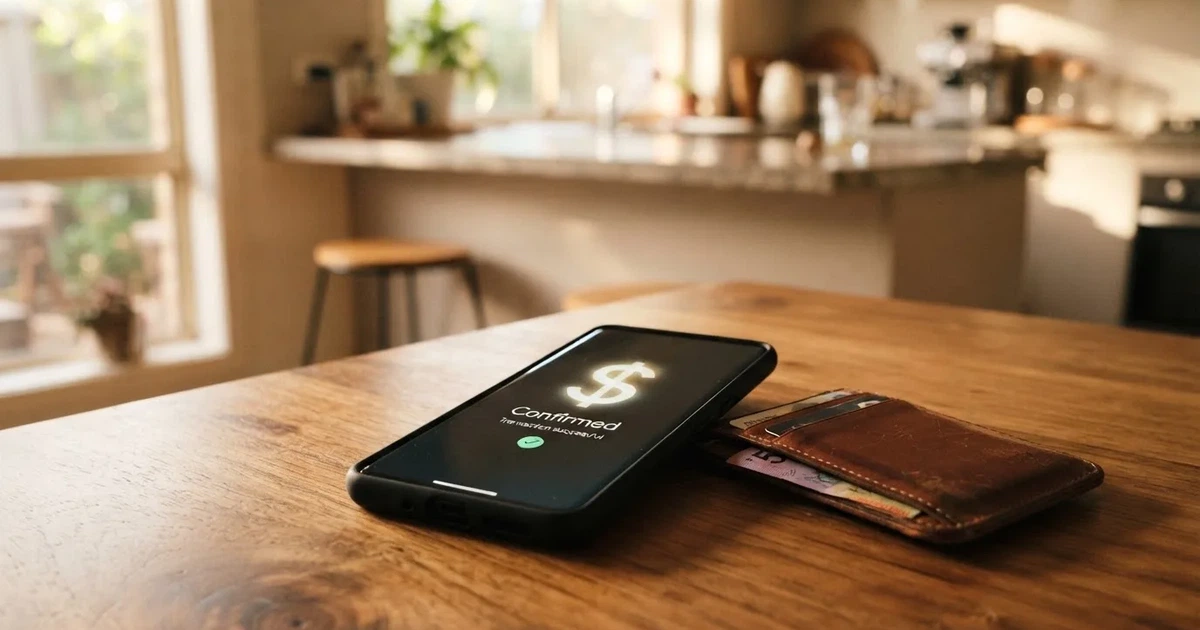 A phone screen showing a bank transfer confirmation, held next to a wallet on a table.