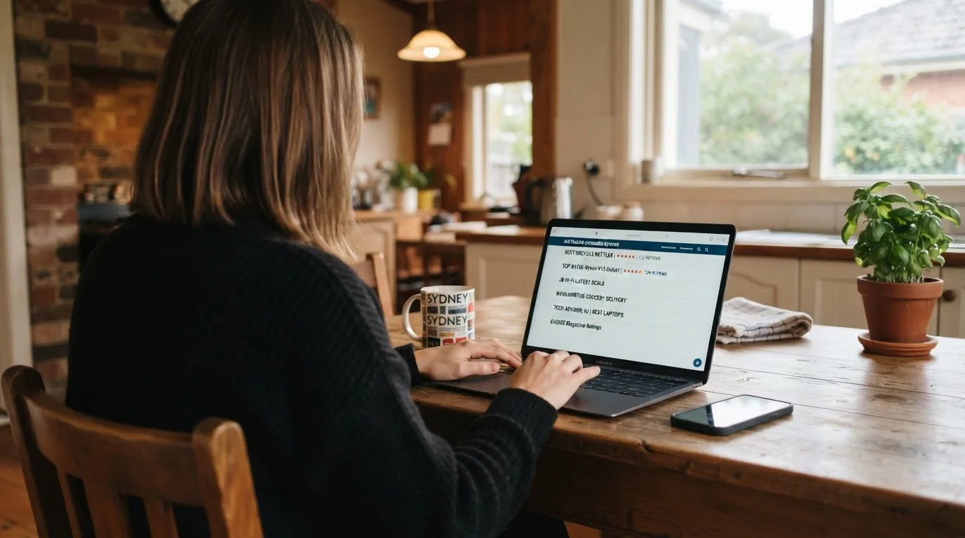 A person at a kitchen table scrolling through review pages on a laptop, phone face-down beside them.