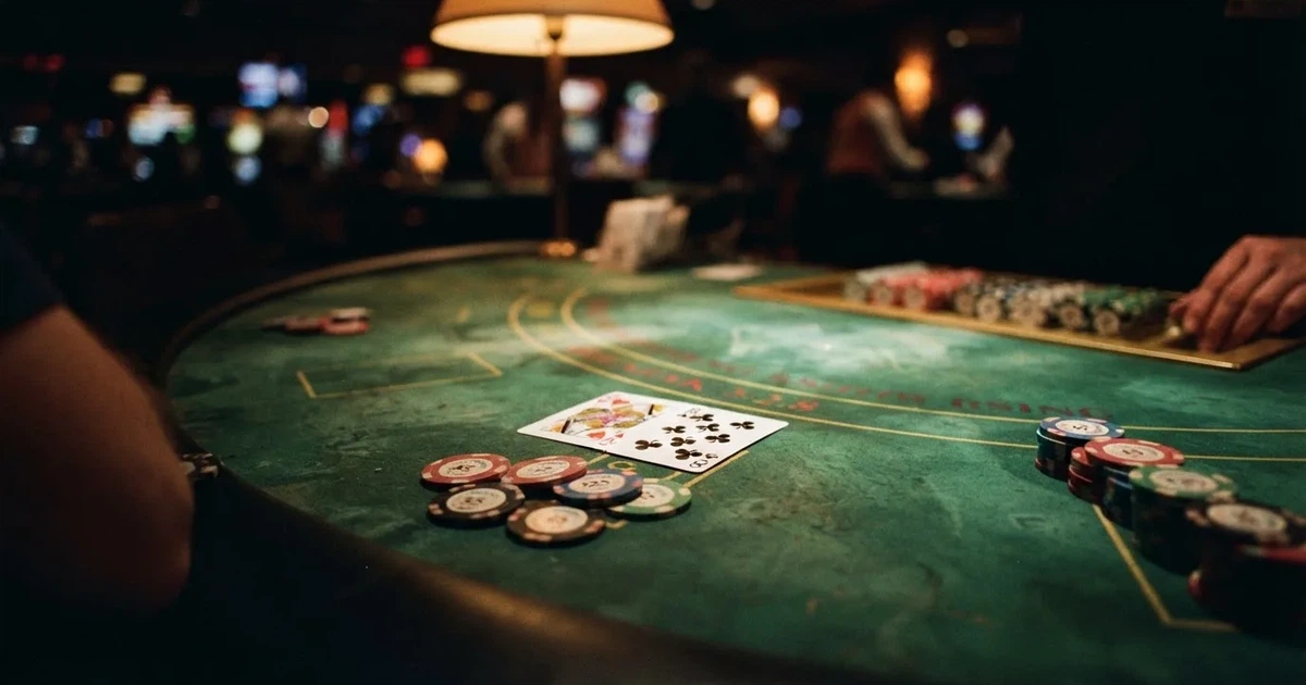 A close-up of a green felt gaming table with cards and chips mid-hand.