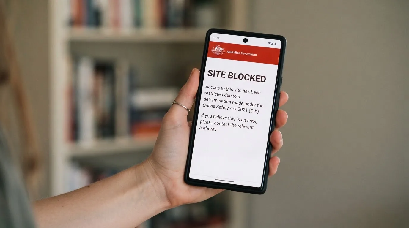 A smartphone screen showing a plain government warning notice about a blocked website, held against a blurred background.
