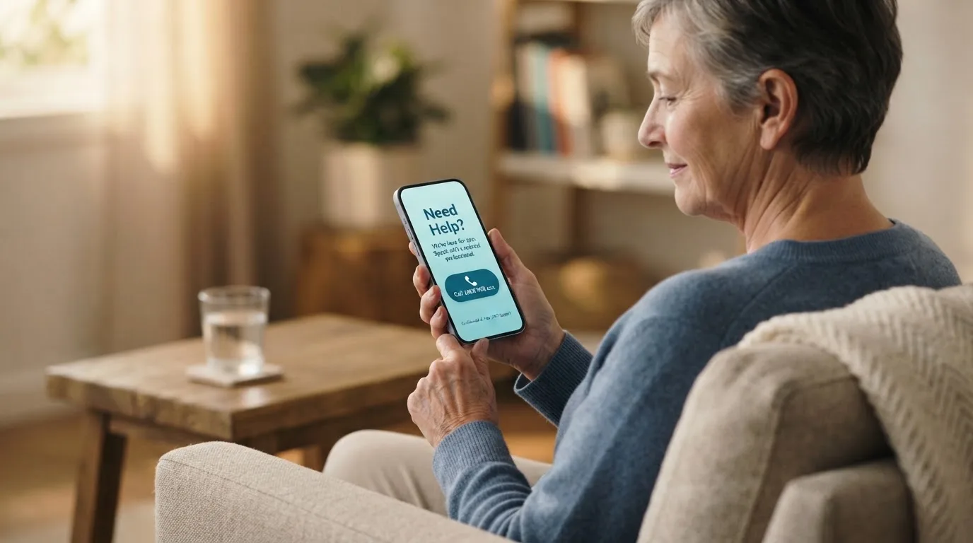 A person sitting calmly with a phone open to a support helpline page, no gaming screen visible.