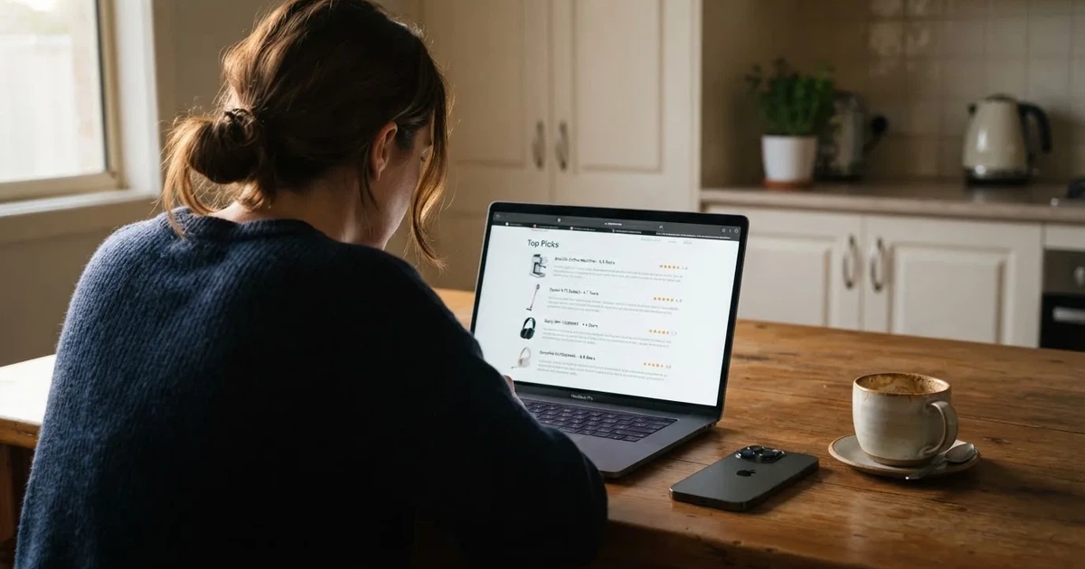 A person at a kitchen table scrolling through review pages on a laptop, phone face-down beside them.