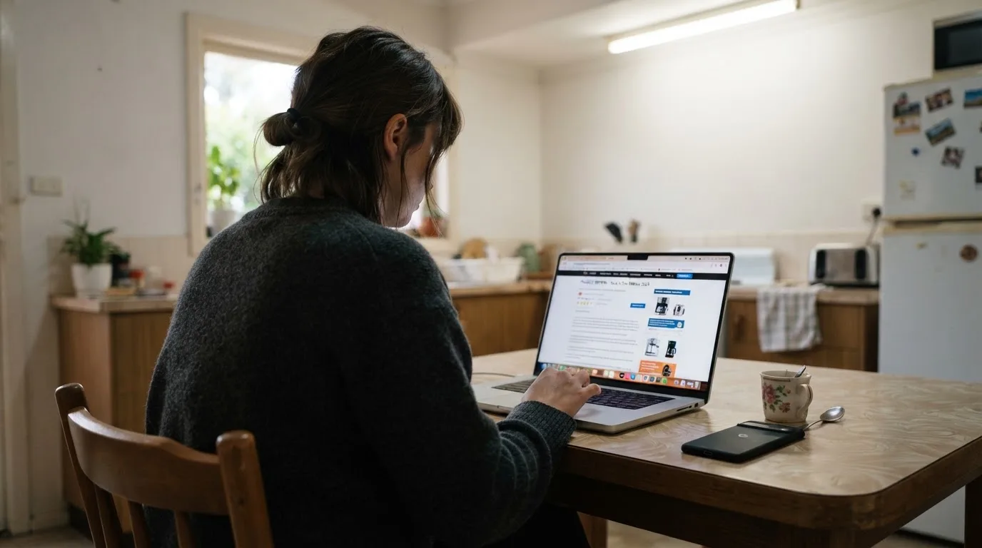A person at a kitchen table scrolling through review pages on a laptop, phone face-down beside them.