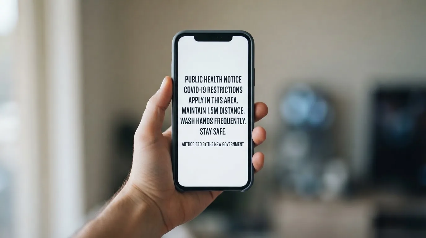 A smartphone screen showing a plain government warning notice about a blocked website, held against a blurred background.
