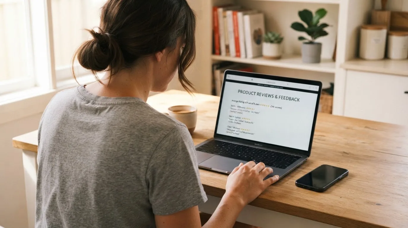 A person at a kitchen table scrolling through review pages on a laptop, phone face-down beside them.