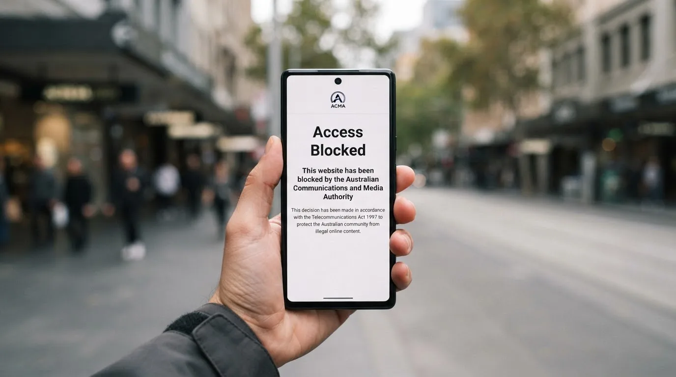 A smartphone screen showing a plain government warning notice about a blocked website, held against a blurred background.