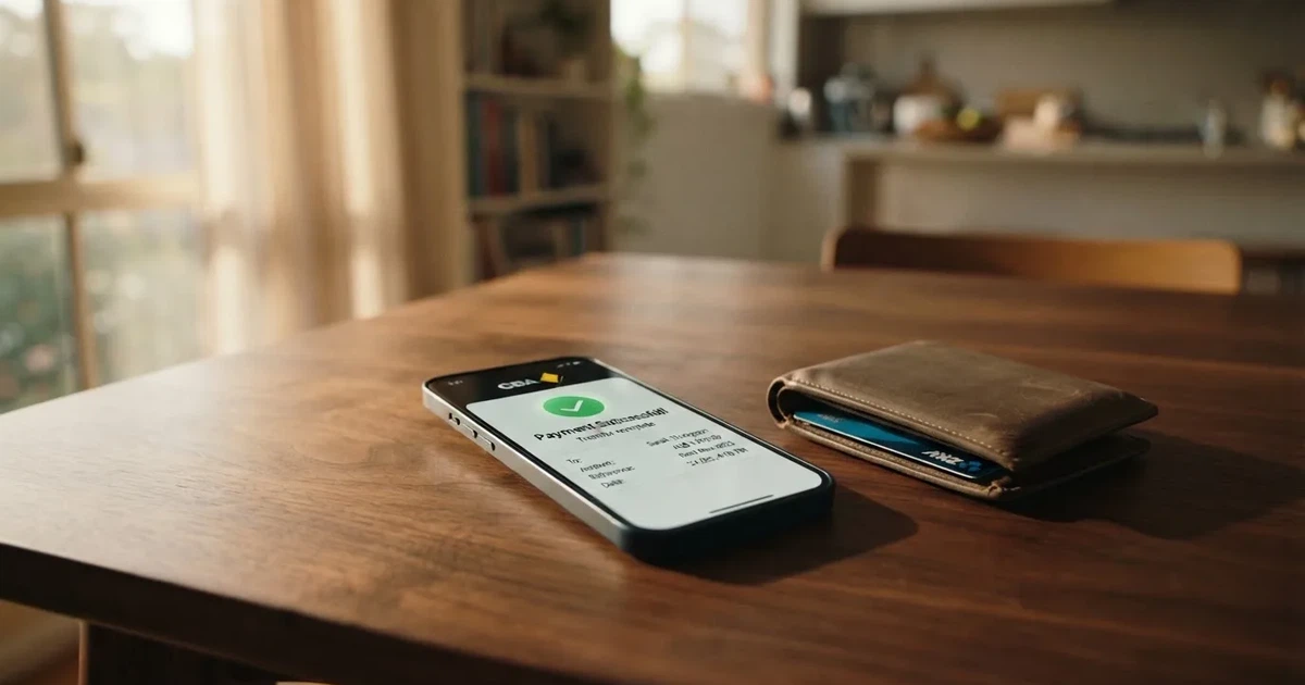 A phone screen showing a bank transfer confirmation, held next to a wallet on a table.