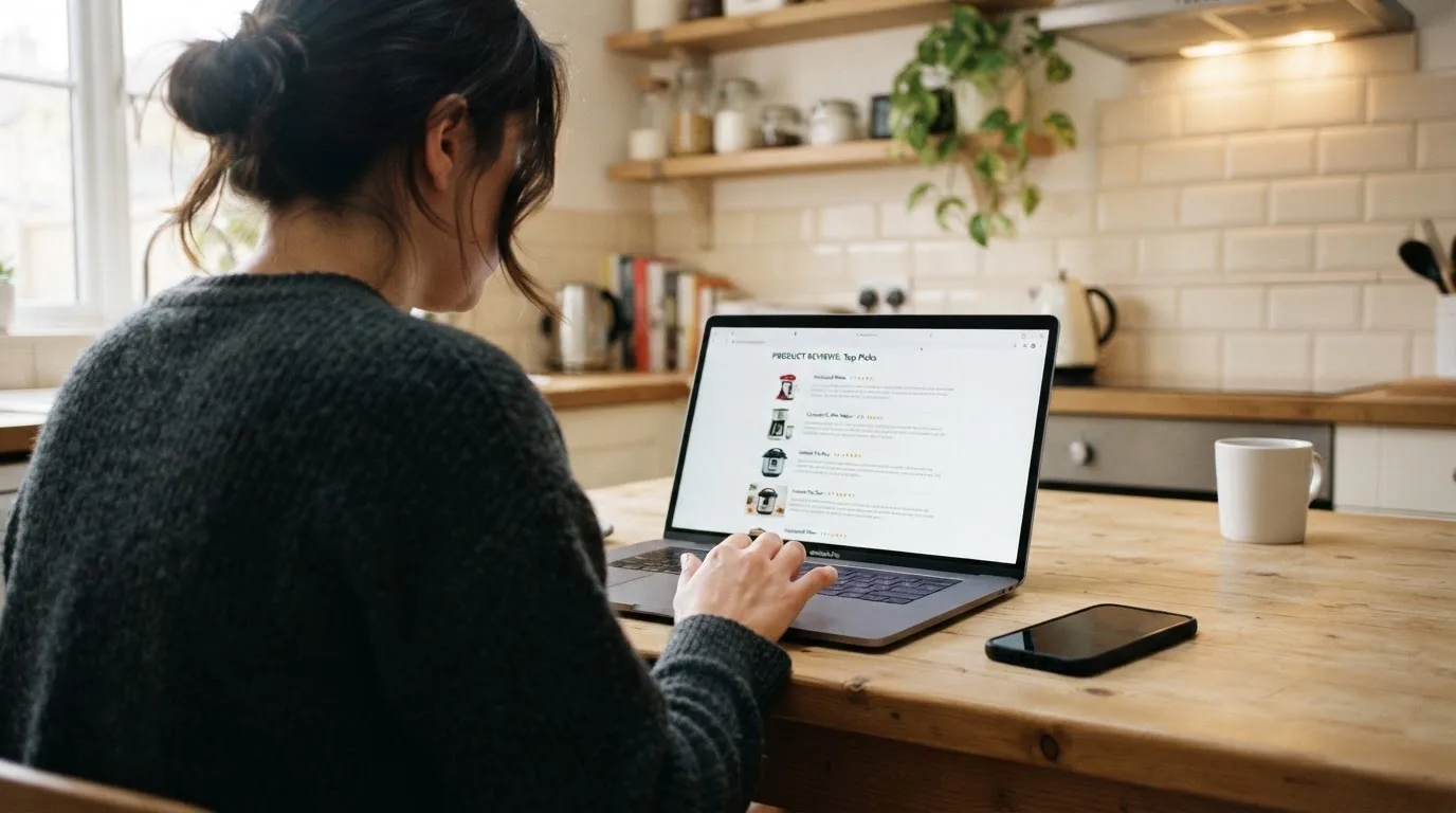 A person at a kitchen table scrolling through review pages on a laptop, phone face-down beside them.