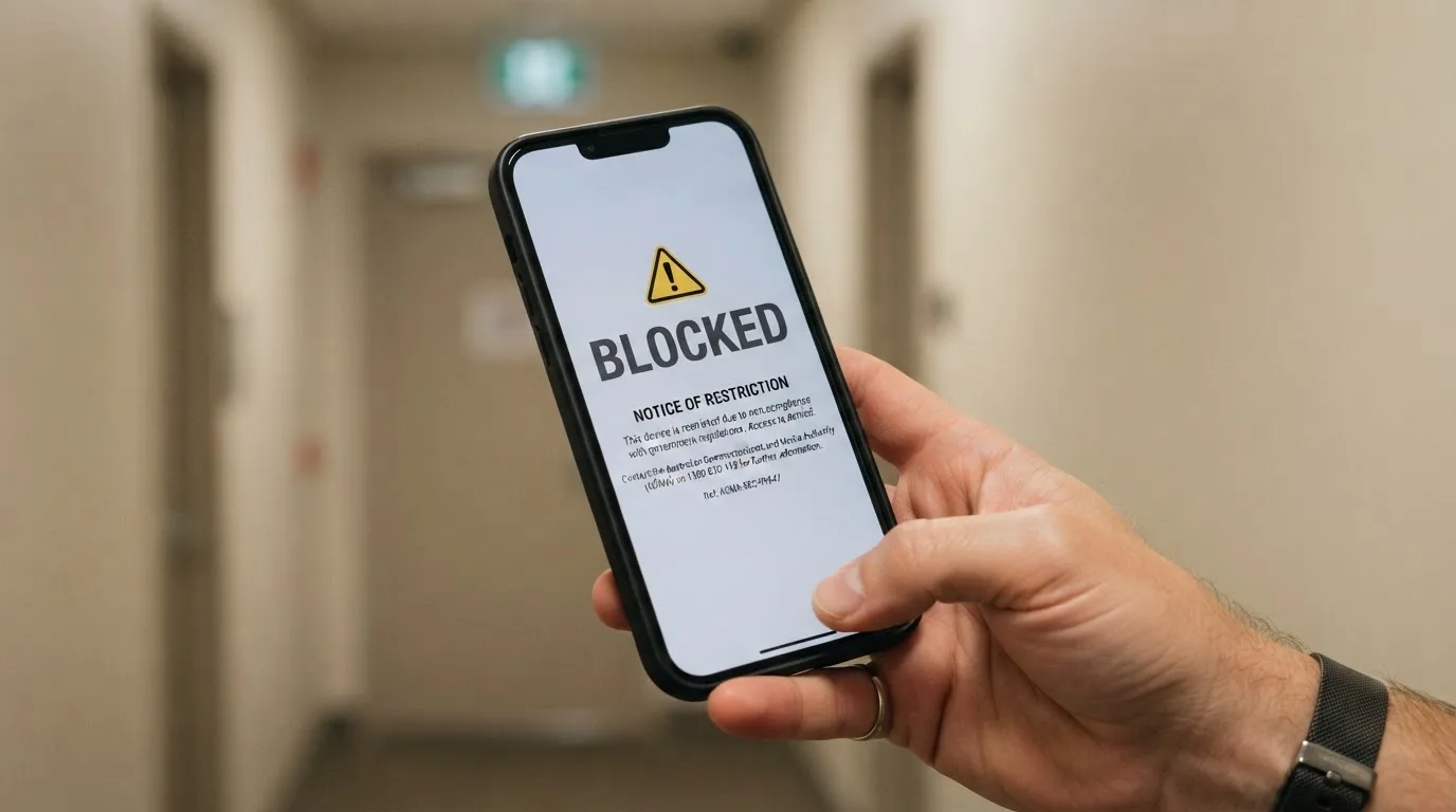 A smartphone screen showing a plain government warning notice about a blocked website, held against a blurred background.