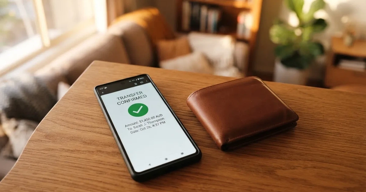 A phone screen showing a bank transfer confirmation, held next to a wallet on a table.