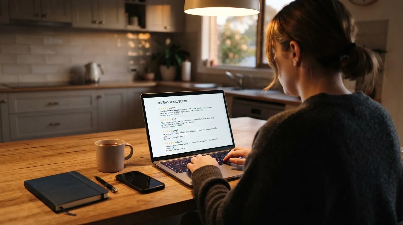 A person at a kitchen table scrolling through review pages on a laptop, phone face-down beside them.