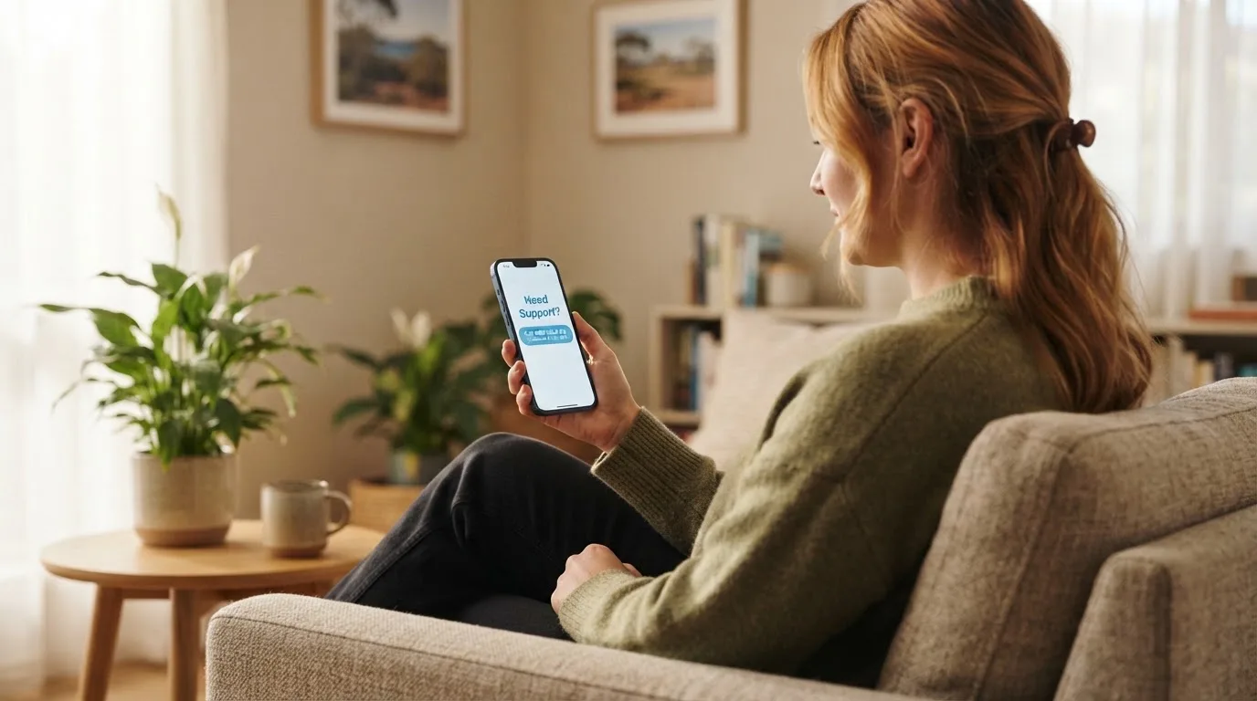 A person sitting calmly with a phone open to a support helpline page, no gaming screen visible.