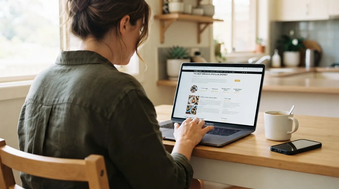 A person at a kitchen table scrolling through review pages on a laptop, phone face-down beside them.