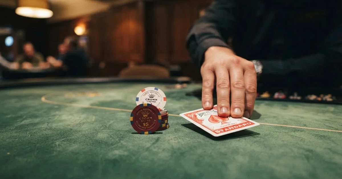 A close-up of a green felt gaming table with cards and chips mid-hand.
