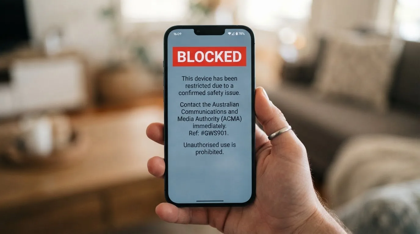 A smartphone screen showing a plain government warning notice about a blocked website, held against a blurred background.