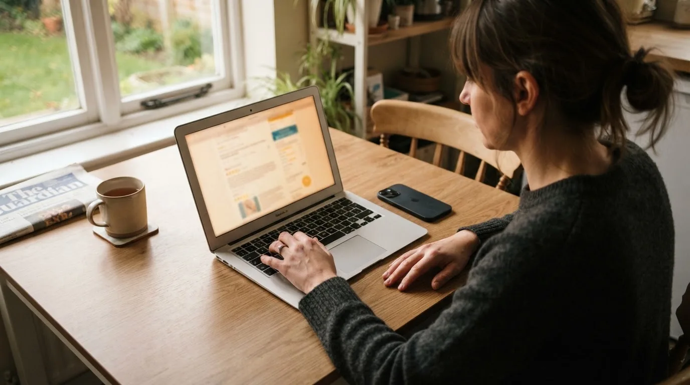 A person at a kitchen table scrolling through review pages on a laptop, phone face-down beside them.