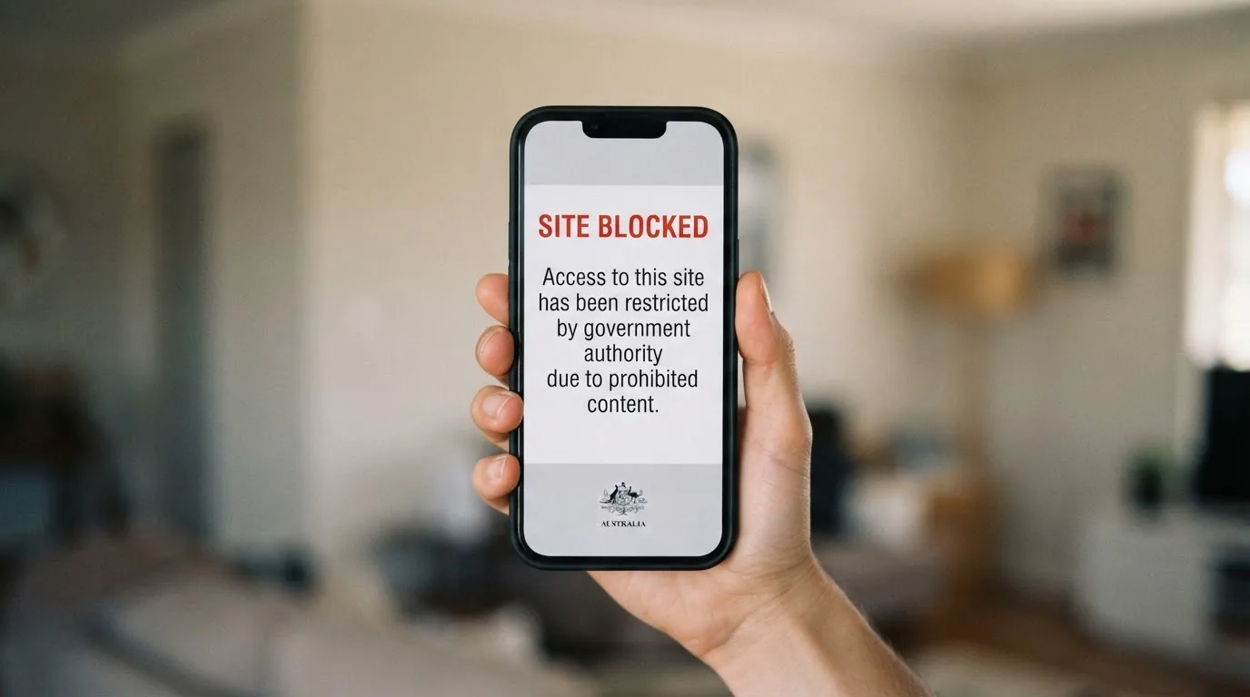A smartphone screen showing a plain government warning notice about a blocked website, held against a blurred background.